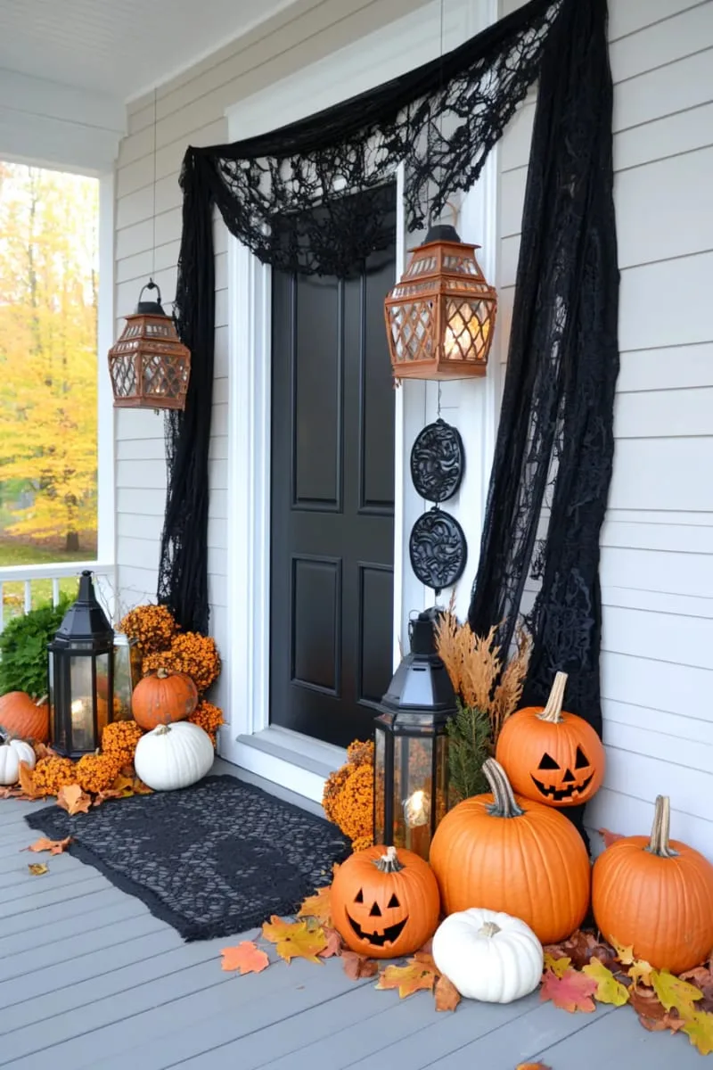 21 Creative Halloween Door Decorations: Ideas for a Festive Welcome 41 black lace draped with eerie flickering lanterns and pumpkins 1