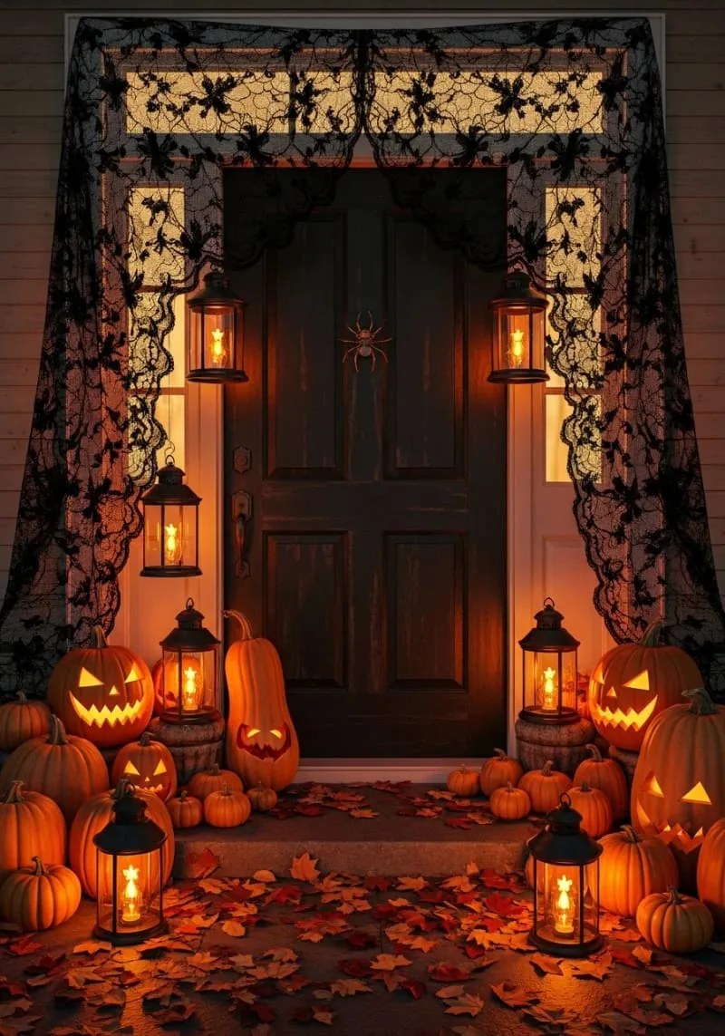 21 Creative Halloween Door Decorations: Ideas for a Festive Welcome 42 black lace draped with eerie flickering lanterns and pumpkins 1
