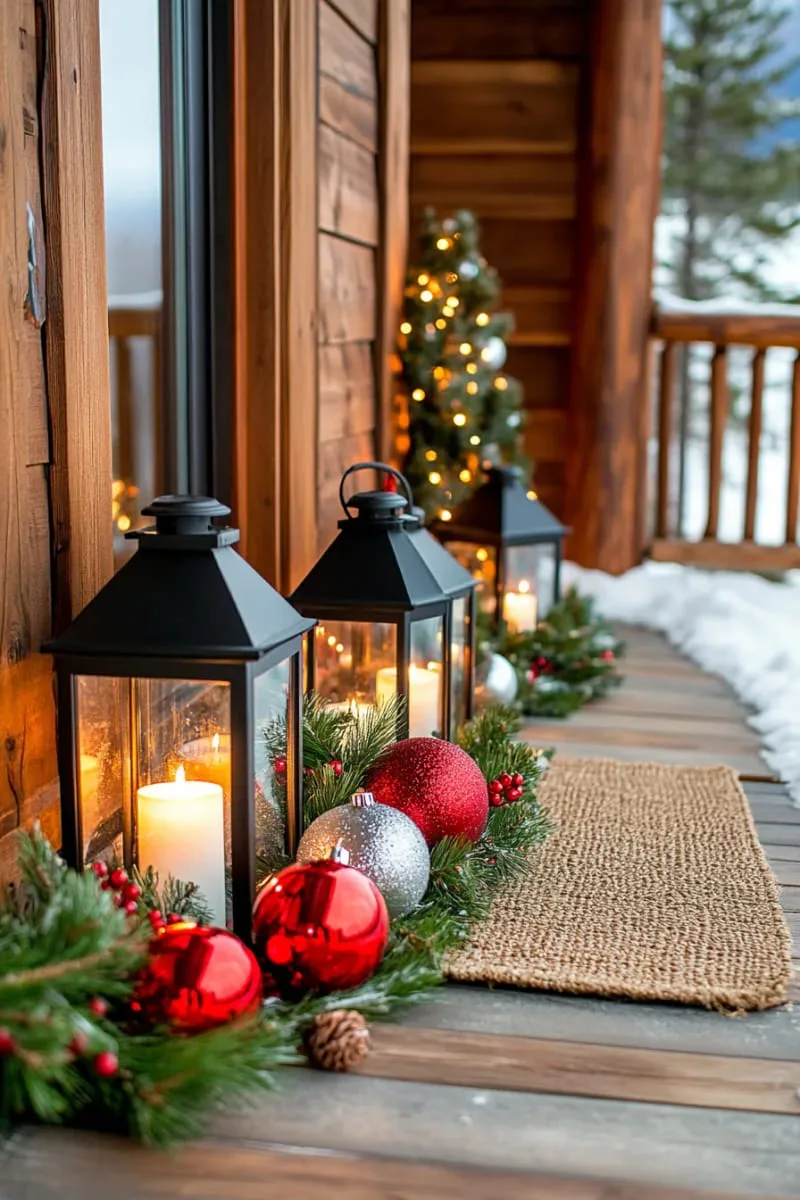 black lanterns filled with ornaments and pine sprigs 1