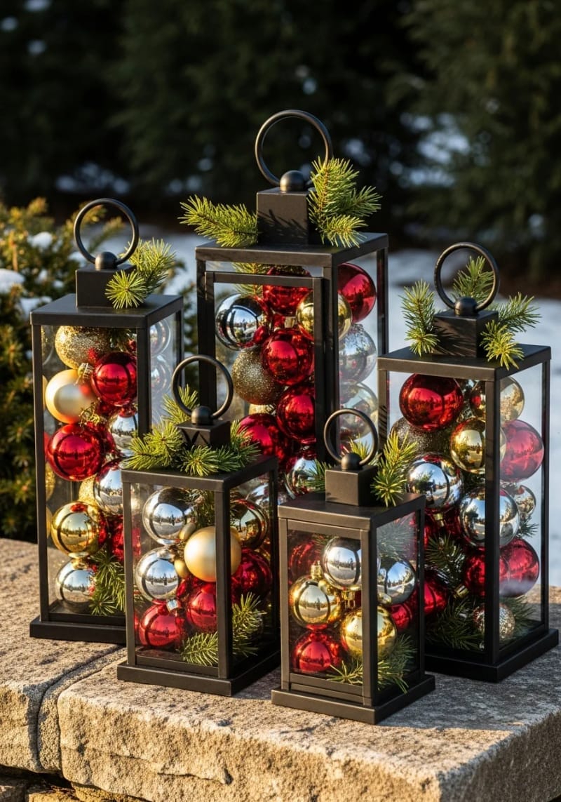 31 Outdoor Christmas Decorations: Ideas for a Magical Welcome 68 black lanterns filled with ornaments and pine sprigs 1