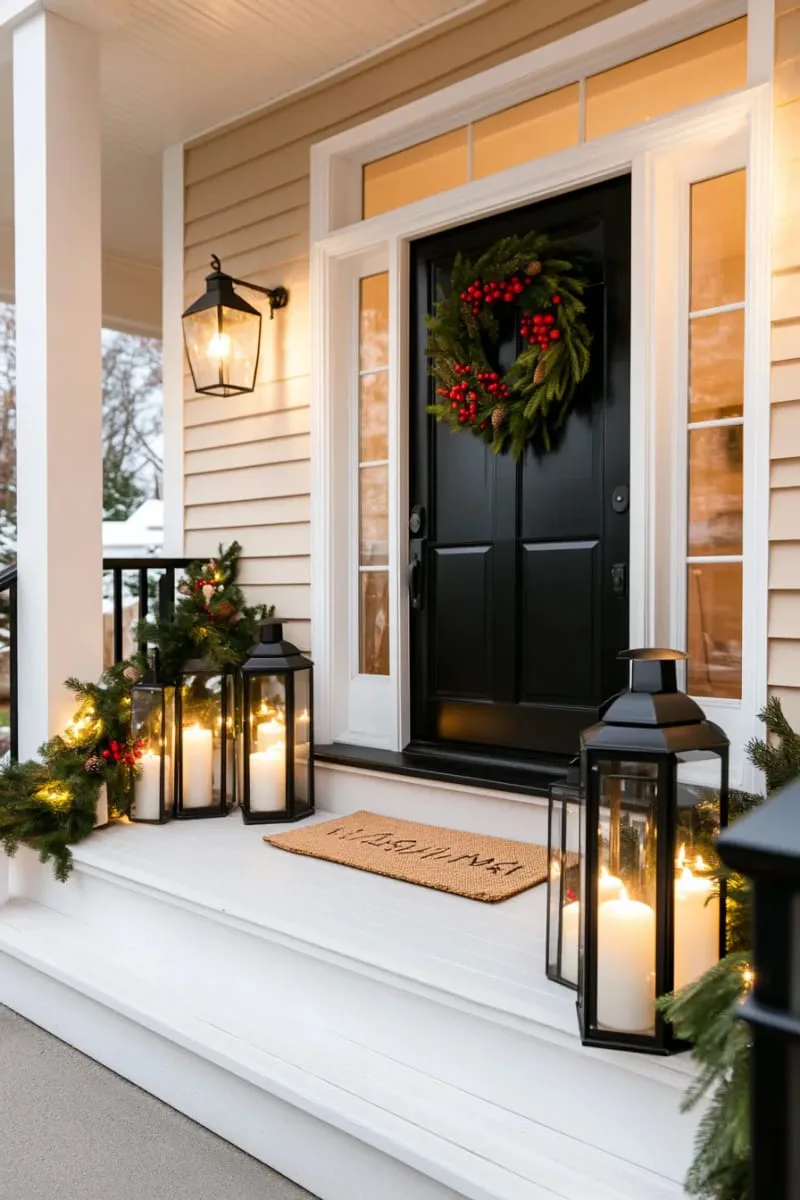 black lanterns with pillar candles and sprigs of fir on the porch 1