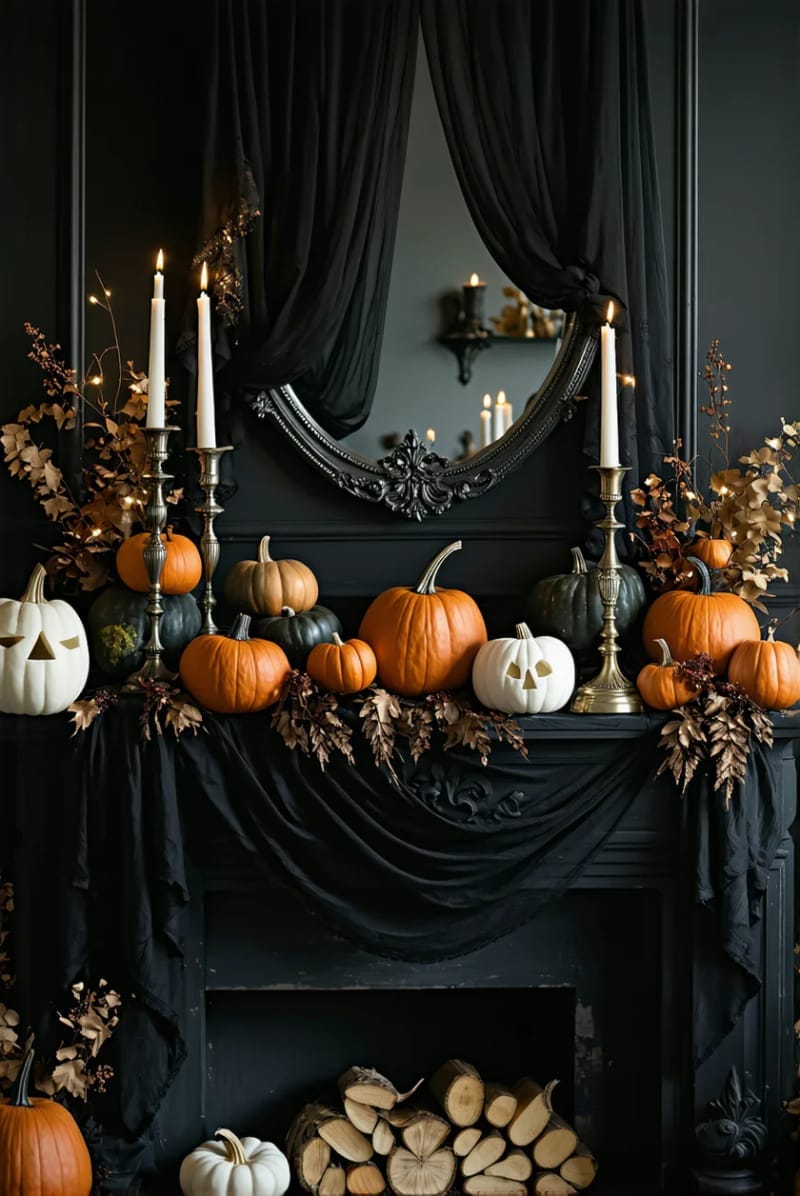 black mesh netting with glowing string lights and gothic candlesticks 1