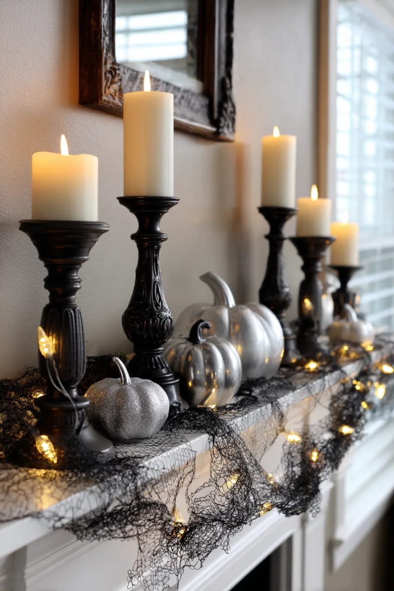 black mesh netting with glowing string lights and gothic candlesticks 1