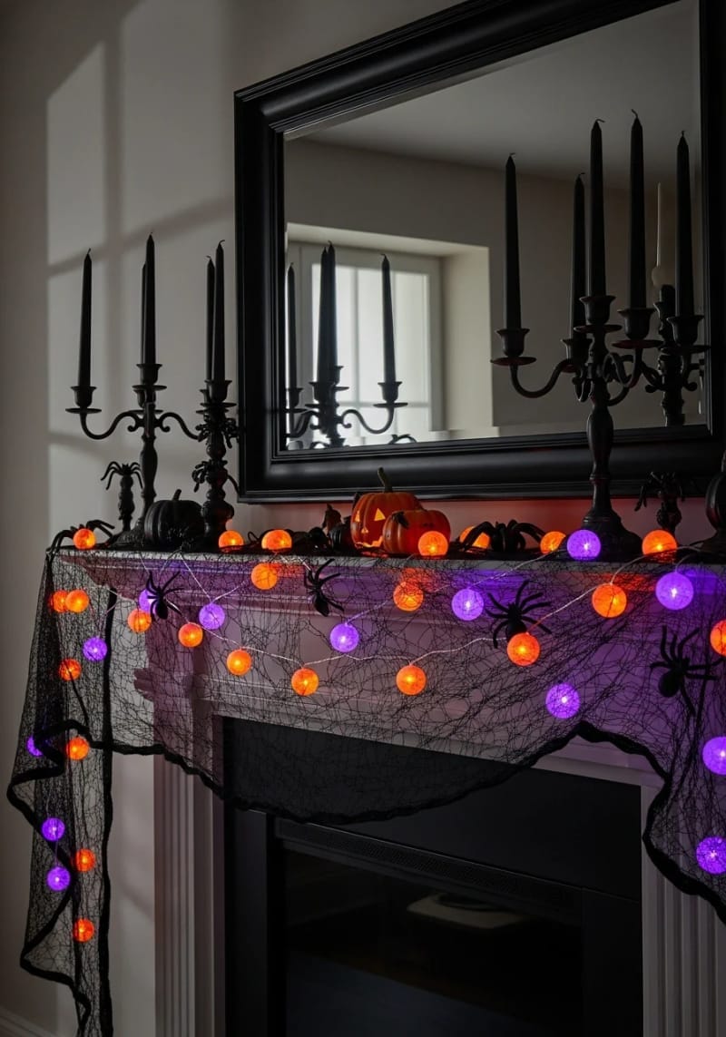 black mesh netting with glowing string lights and gothic candlesticks 1