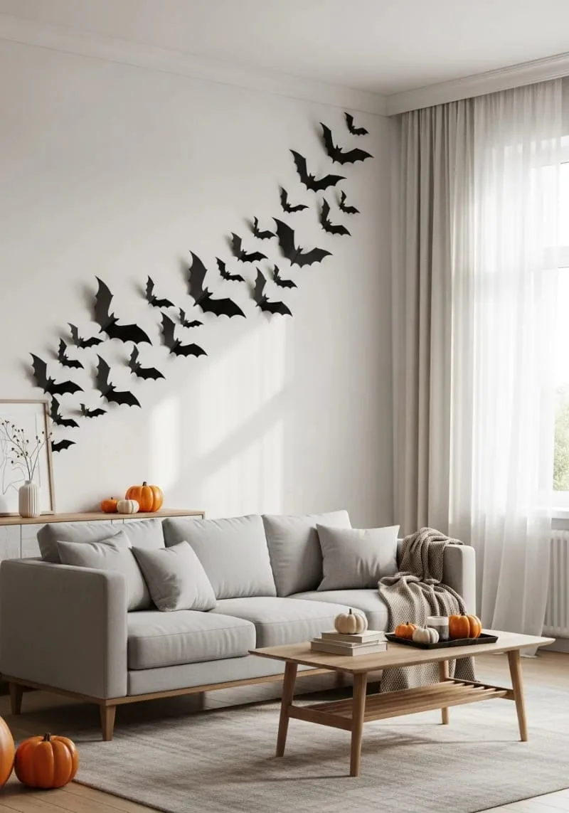 black paper bats flying across living room walls for instant spooky vibes 1