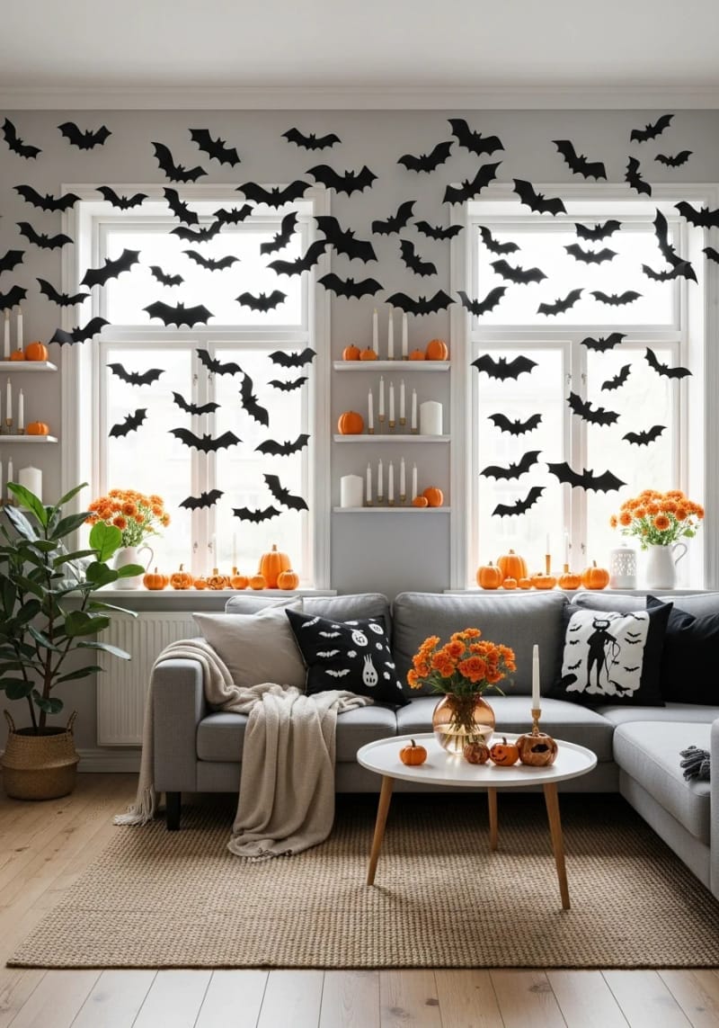 21 Simple Halloween Decorations for an Easy Seasonal Touch 10 black paper bats flying across living room walls for instant spooky vibes 1
