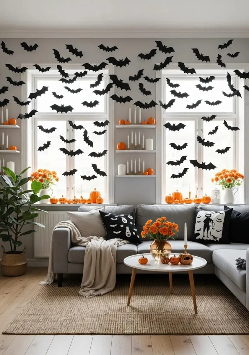 black paper bats flying across living room walls for instant spooky vibes 1