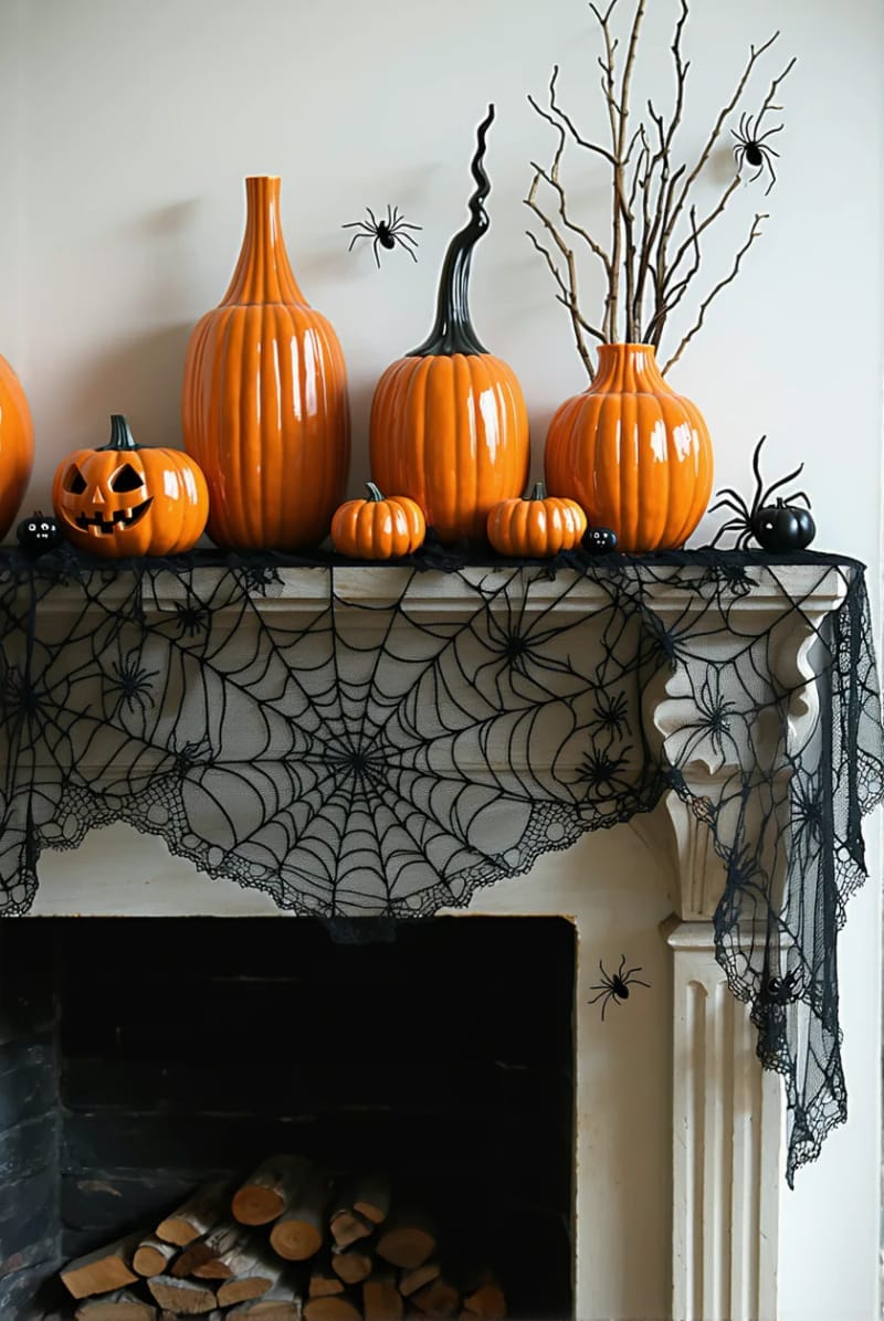 black spiderweb lace draped over the mantle, with orange pumpkin vases 1