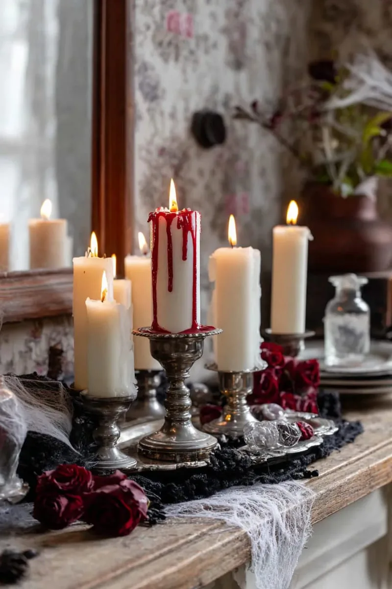 blood-dripping candles made with red wax and antique holders 1