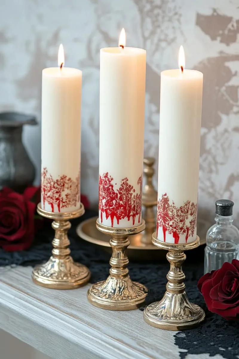 blood-dripping candles made with red wax and antique holders 1