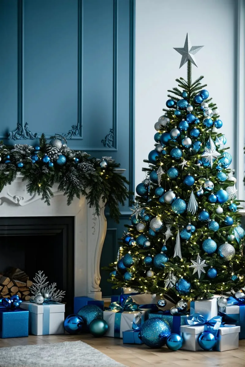 31 Dreamy Christmas Tree Decorations for a Unique Festive Touch 54 blue velvet baubles and silver garlands for a cool-toned christmas tree 1