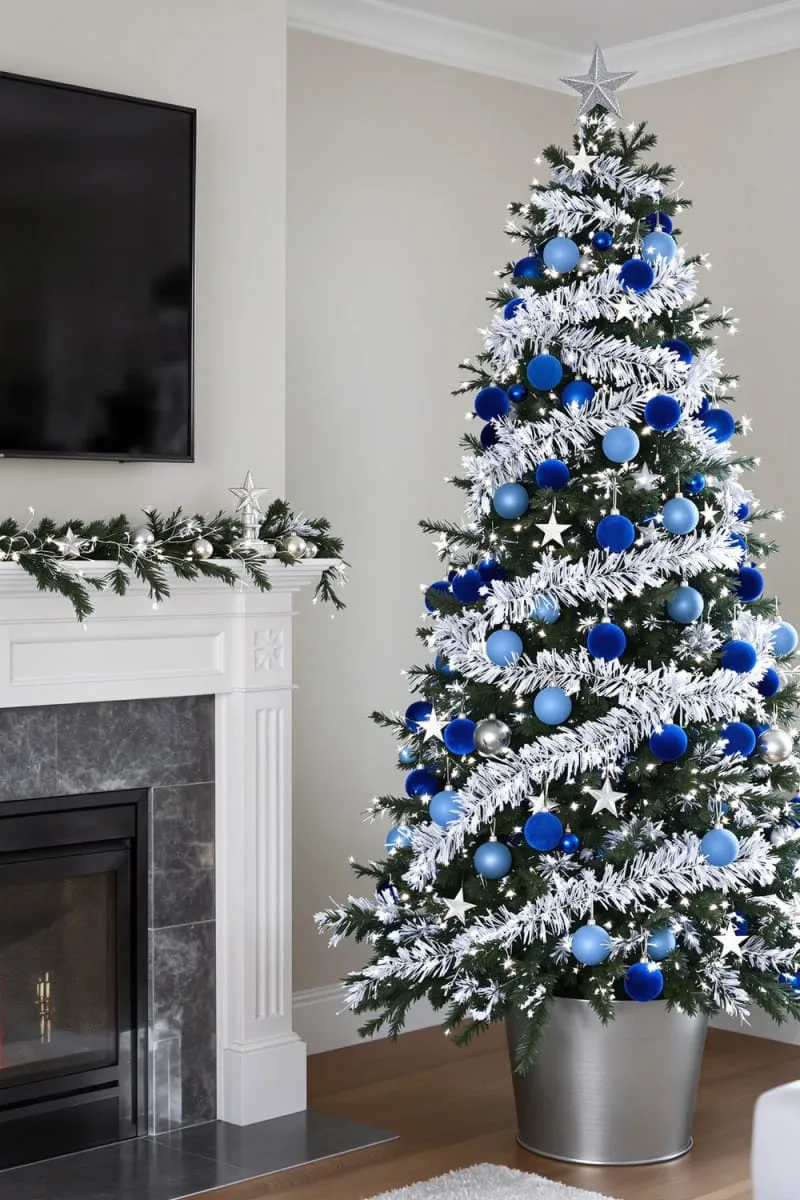 31 Dreamy Christmas Tree Decorations for a Unique Festive Touch 55 blue velvet baubles and silver garlands for a cool-toned christmas tree 1