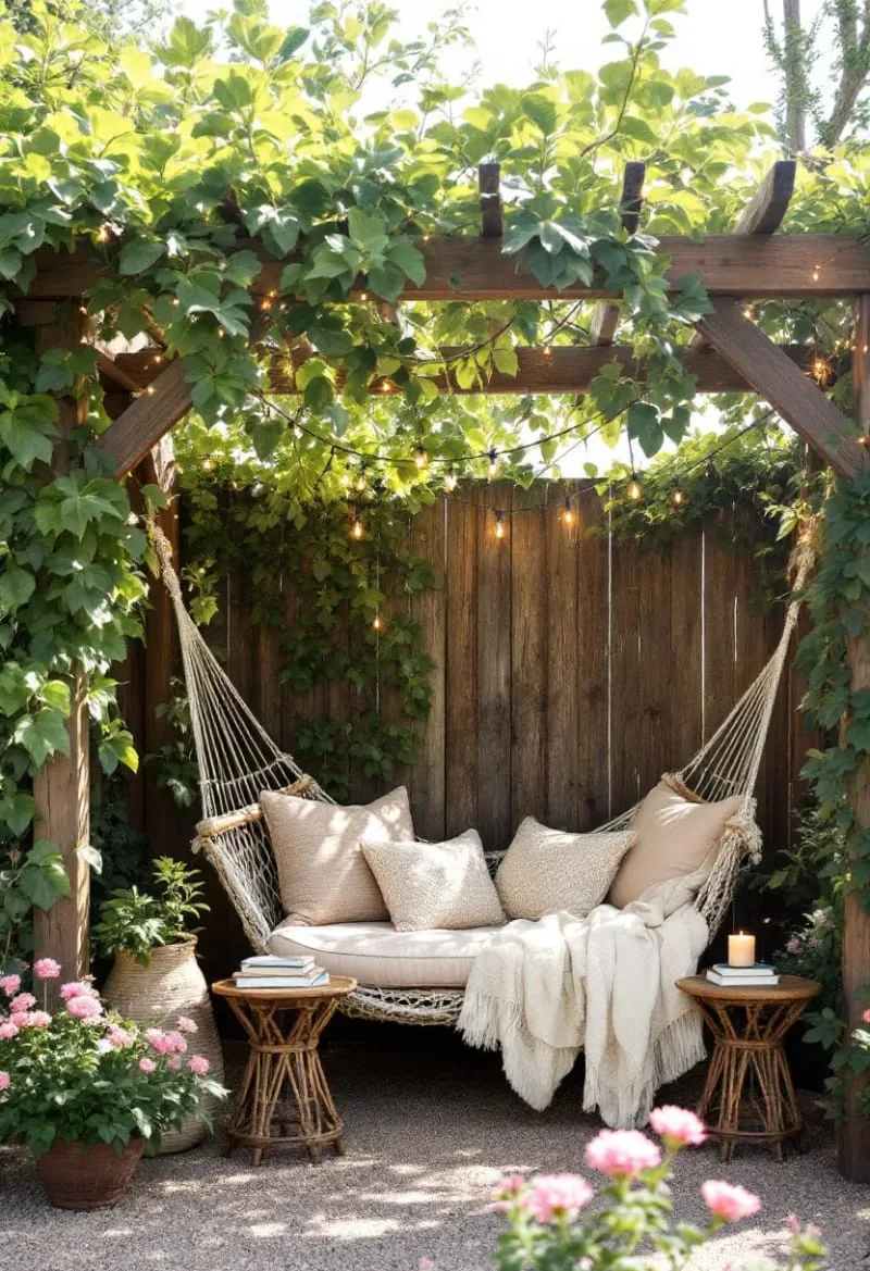 bohemian hammock nook under fairy light canopy 1