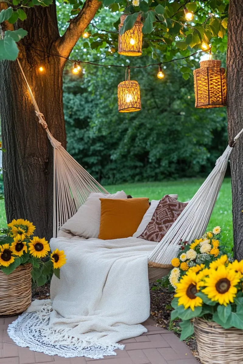 bohemian hammock nook under fairy light canopy 1