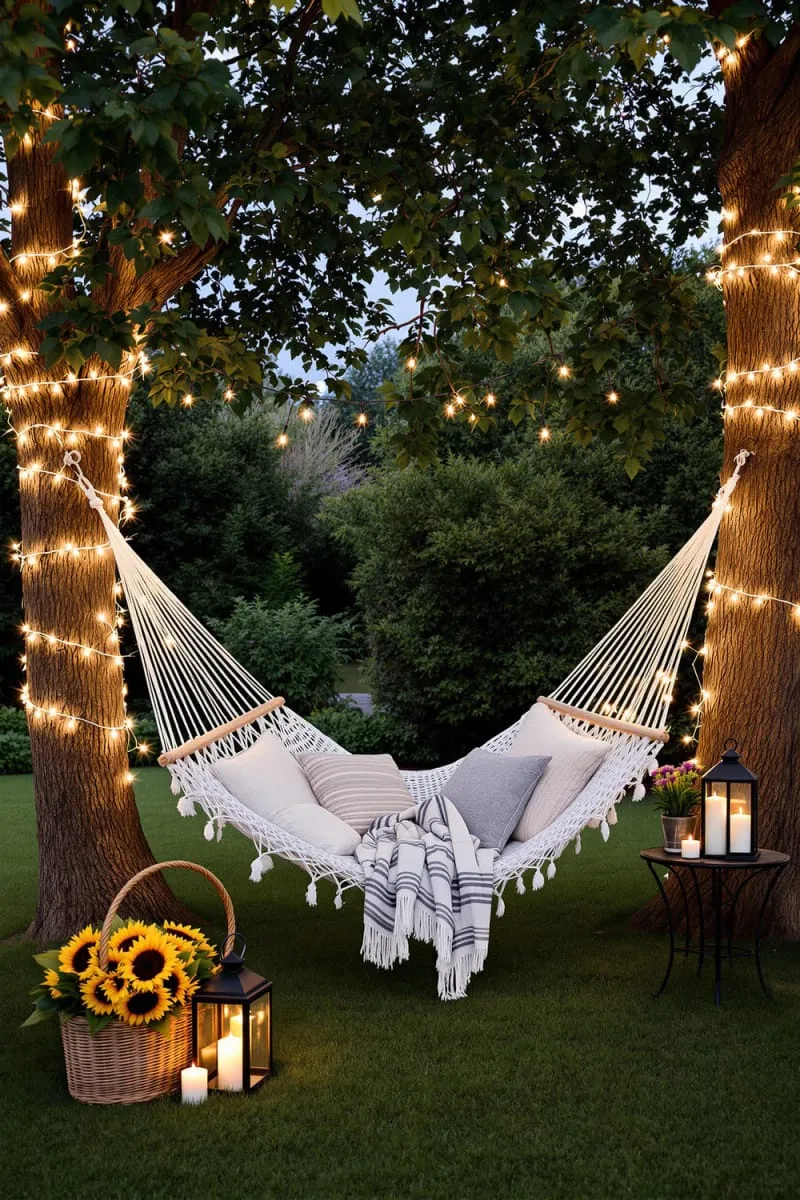 bohemian hammock nook under fairy light canopy 1
