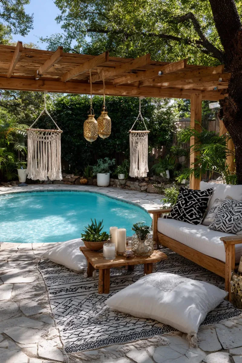 boho backyard pool with macramé swings and eclectic lanterns 1