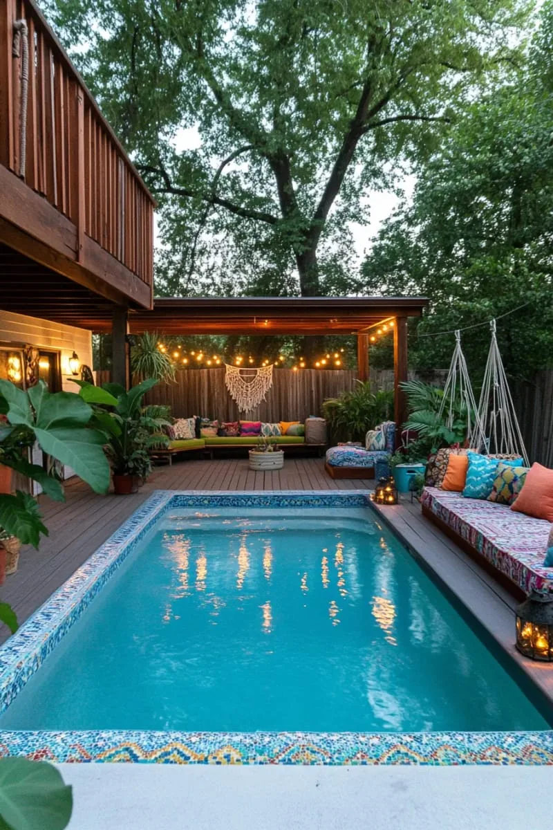 boho backyard pool with macramé swings and eclectic lanterns 1