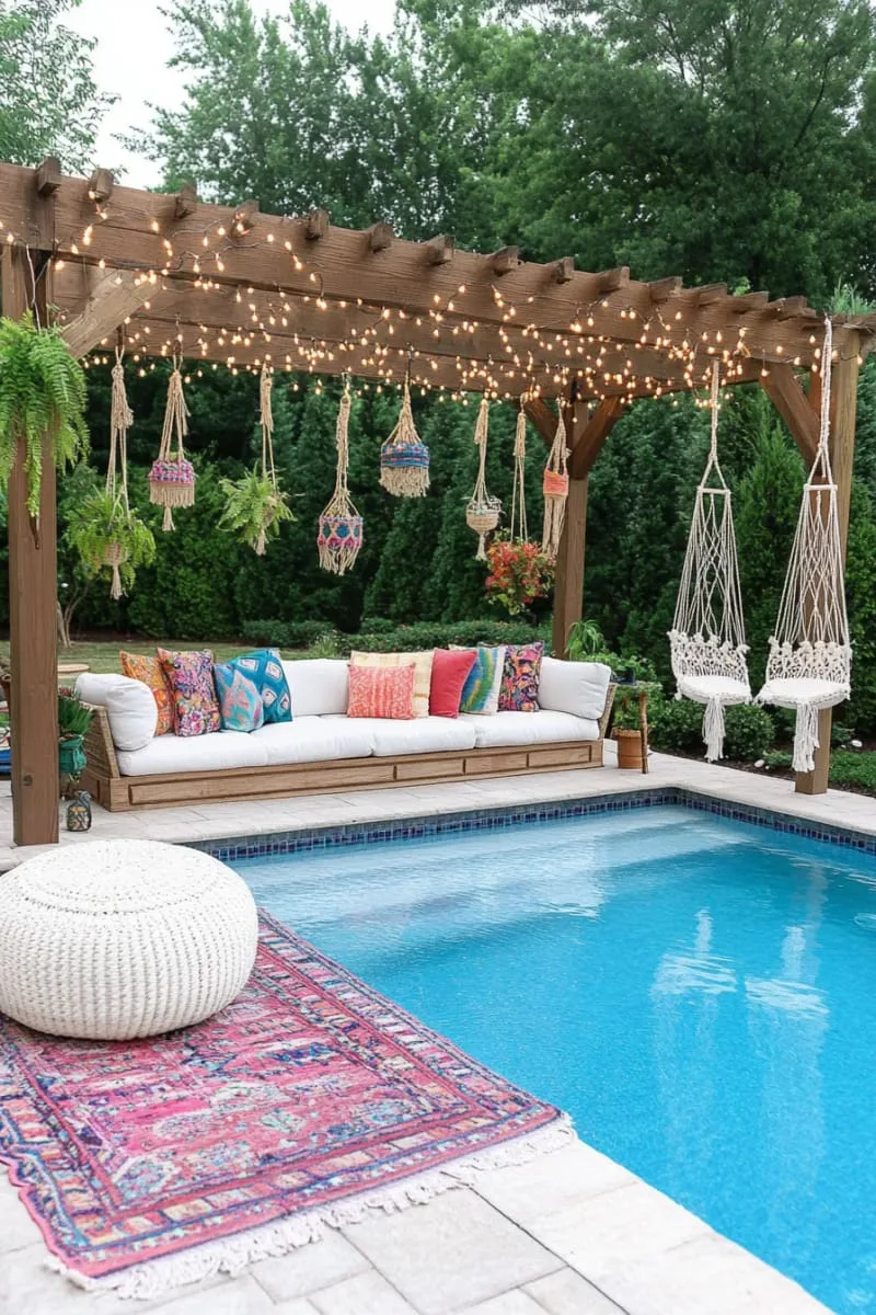 boho backyard pool with macramé swings and eclectic lanterns 1