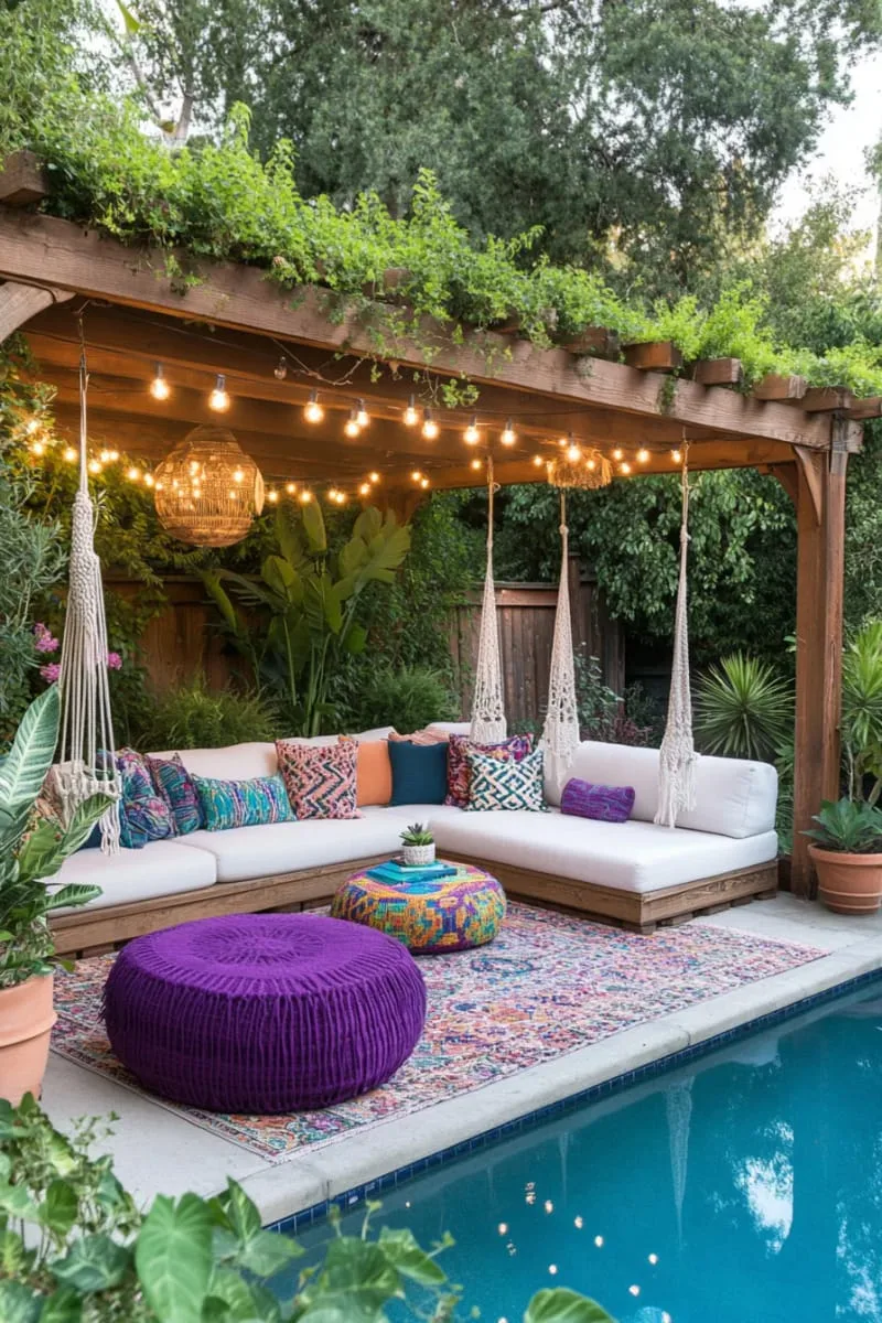 boho backyard pool with macramé swings and eclectic lanterns 1