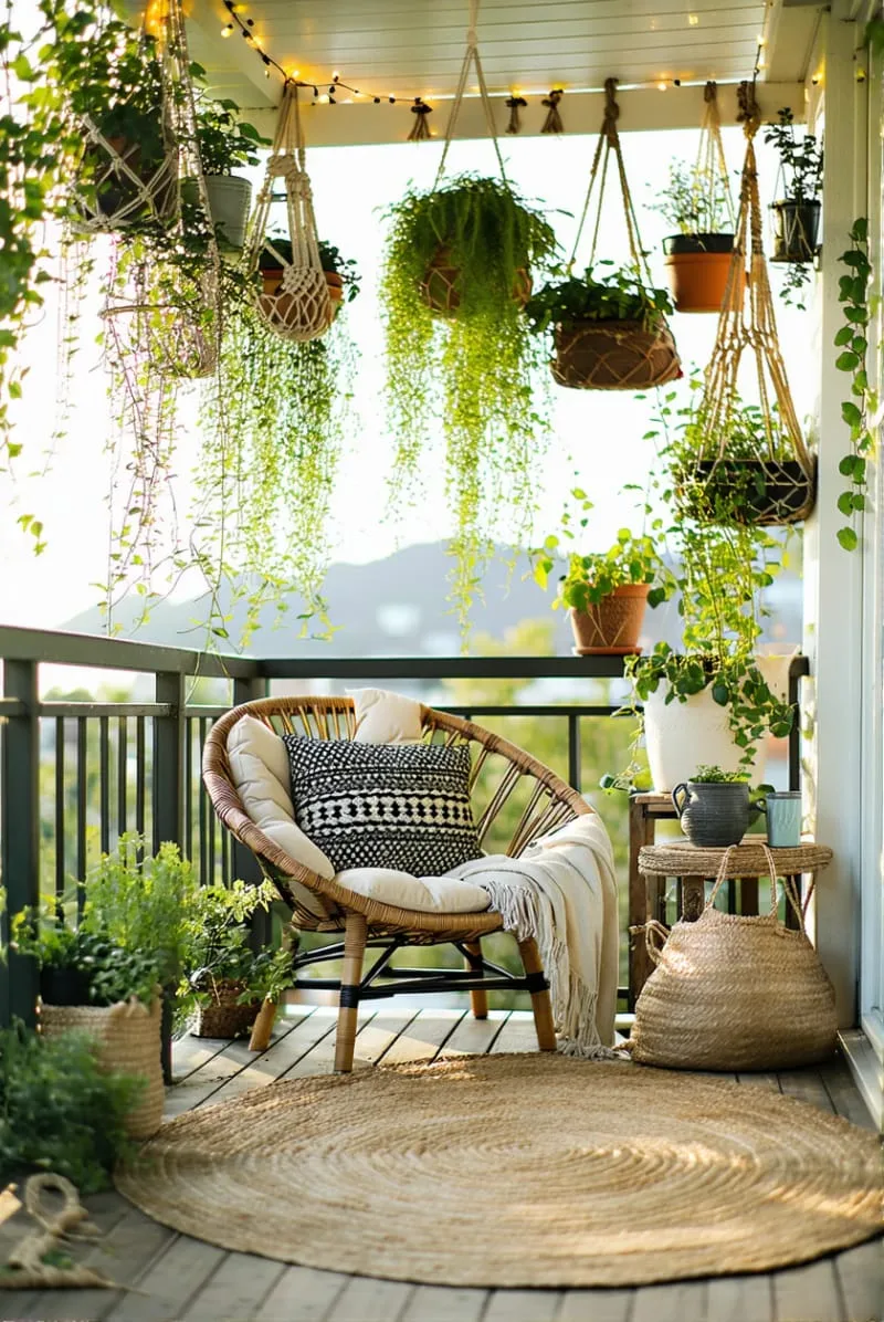 boho balcony oasis with macramé plant hangers and fairy lights 1