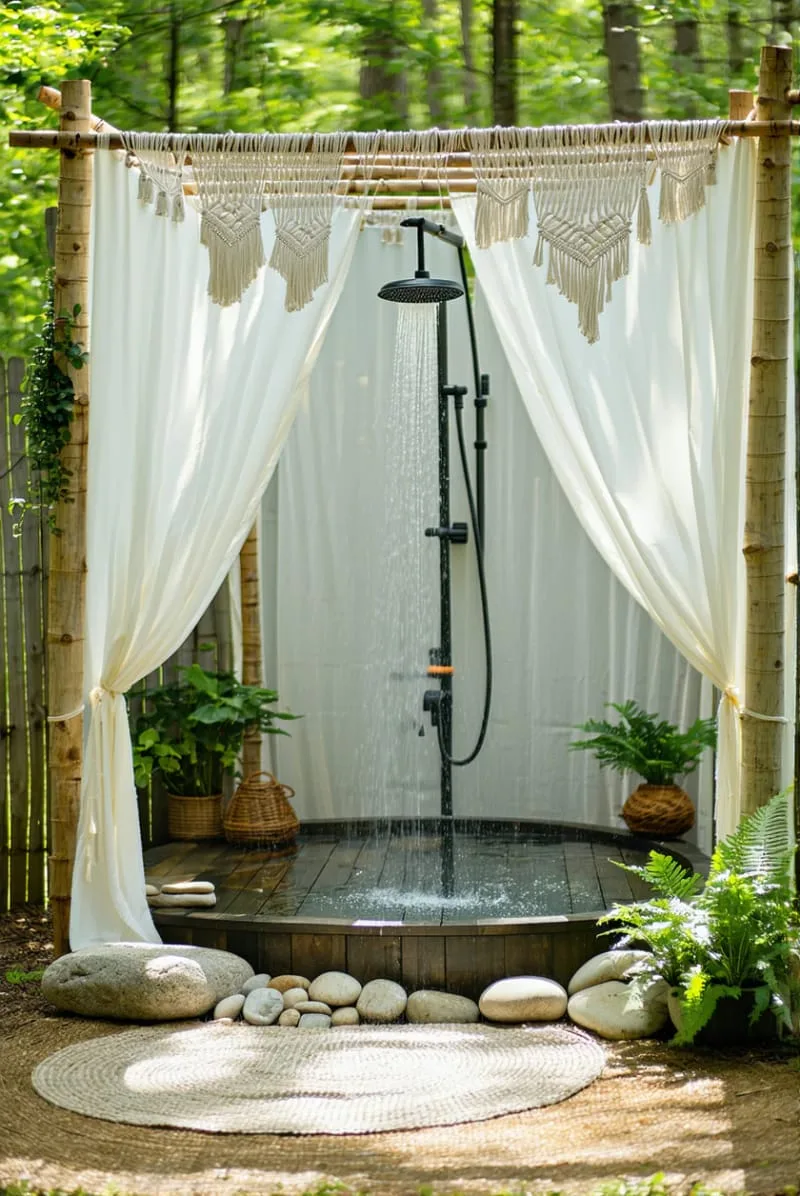 boho canopy outdoor shower draped with sheer fabric and macramé accents 1