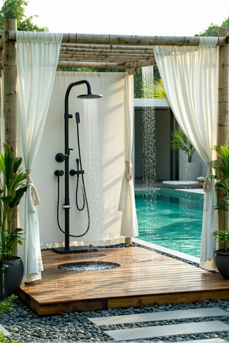 boho canopy outdoor shower draped with sheer fabric and macramé accents 1