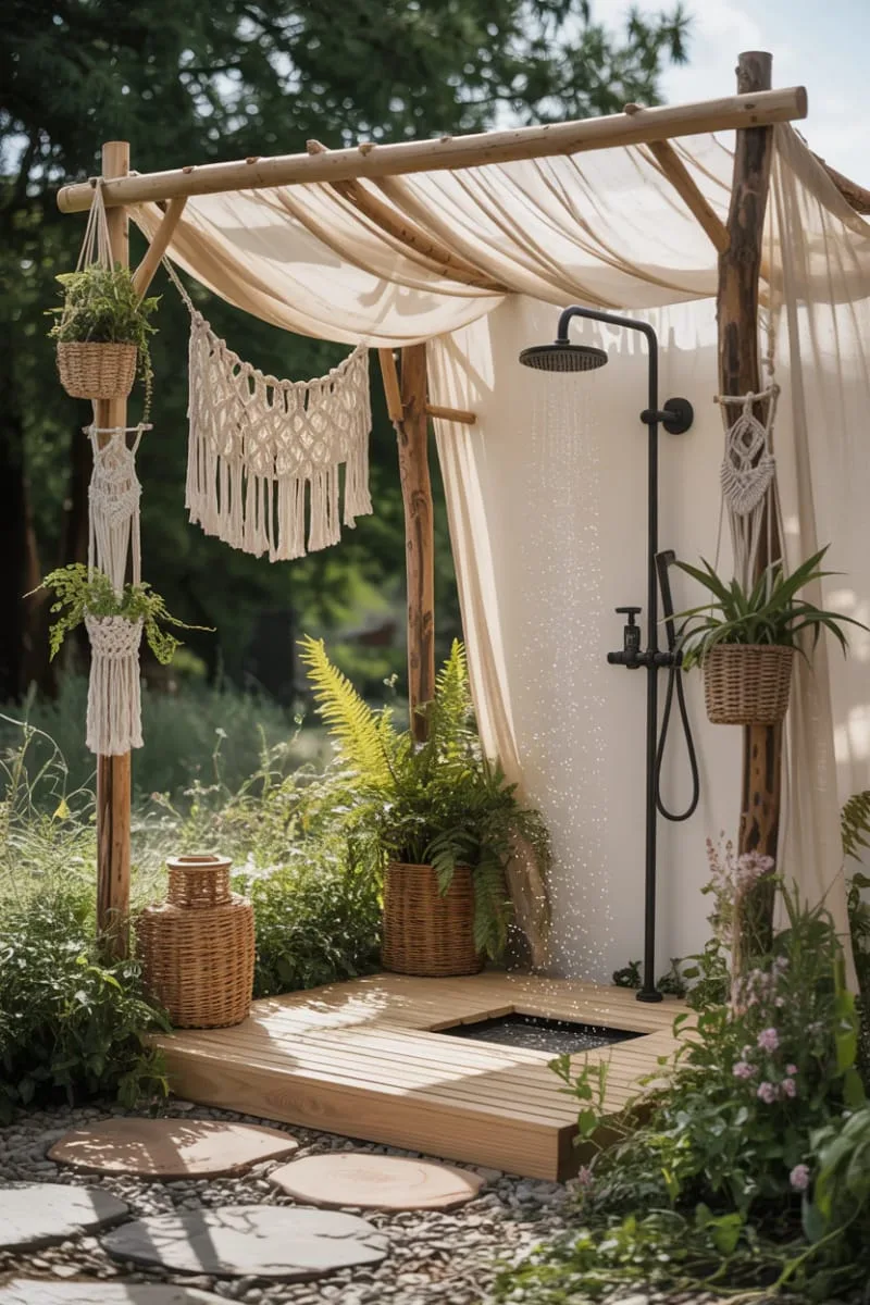 boho canopy outdoor shower draped with sheer fabric and macramé accents 1