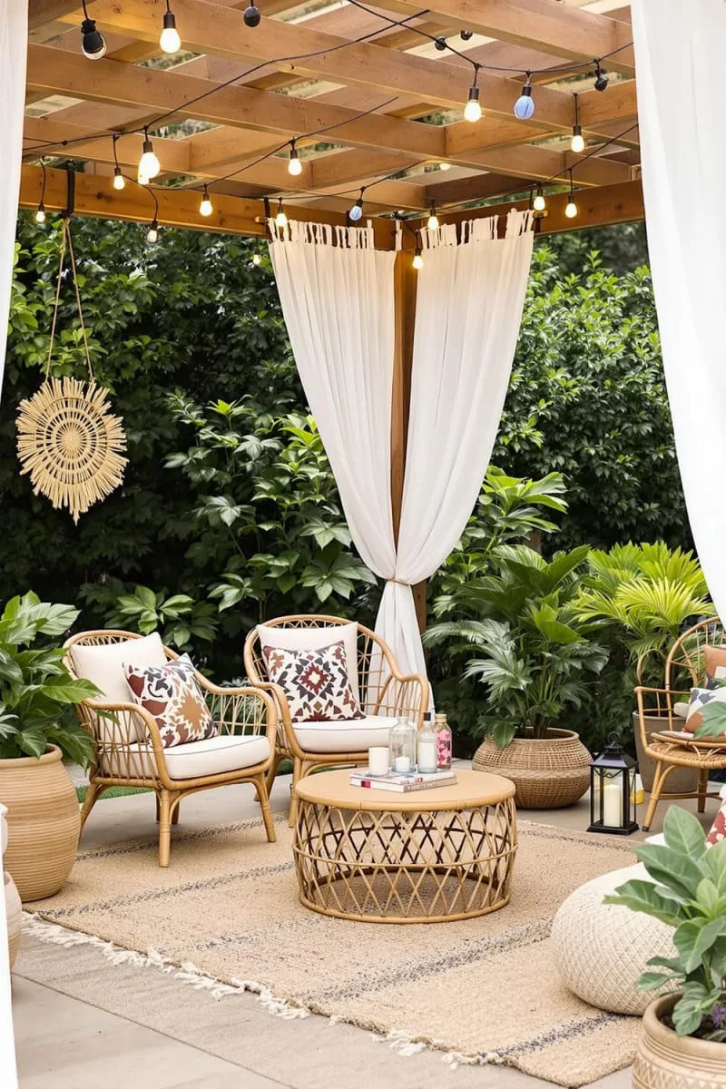 19 Inspiring Backyard Pavilion Ideas: Unique Designs You Can't Miss 26 boho-chic pavilion draped in flowing curtains and rattan furniture 1