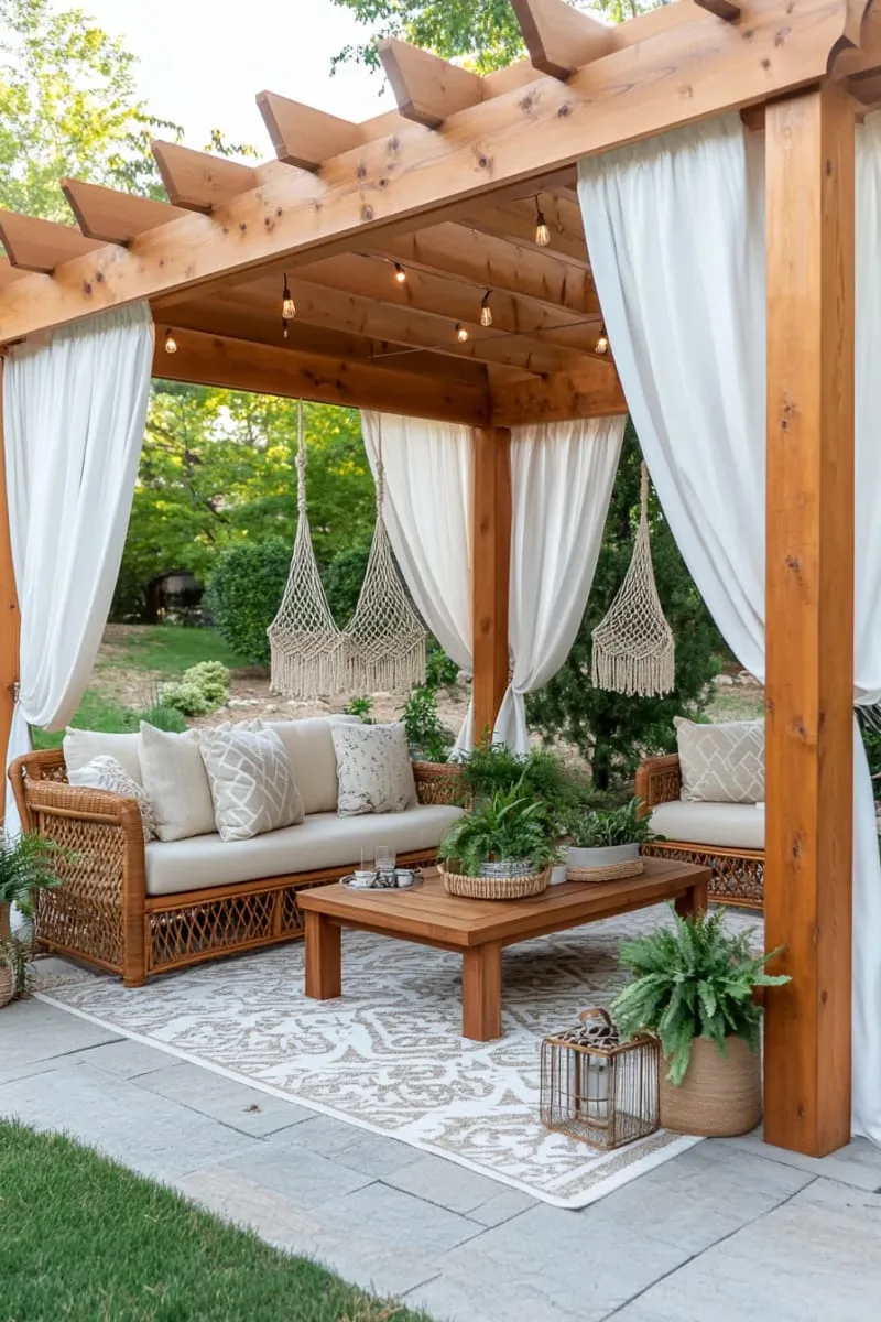 19 Inspiring Backyard Pavilion Ideas: Unique Designs You Can't Miss 27 boho-chic pavilion draped in flowing curtains and rattan furniture 1
