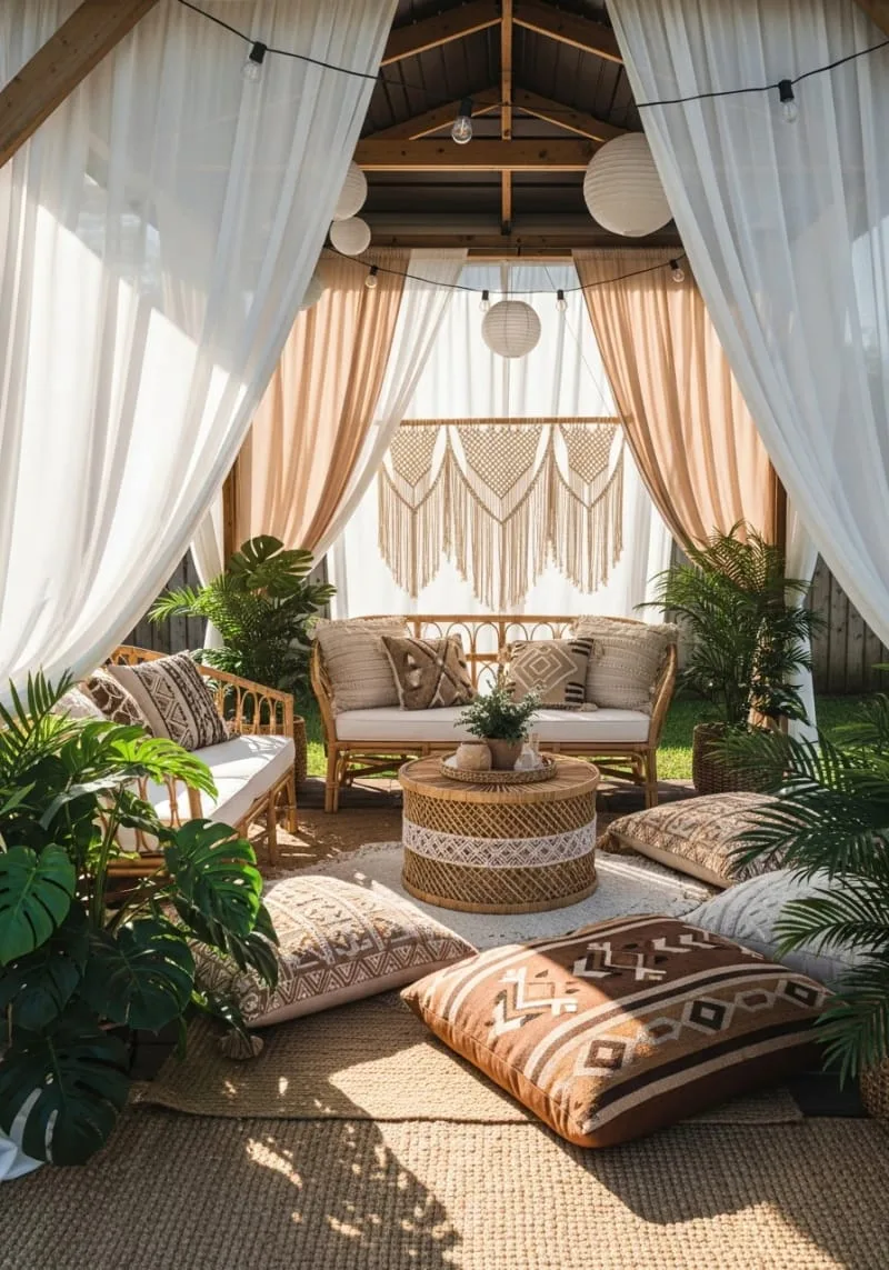 19 Inspiring Backyard Pavilion Ideas: Unique Designs You Can't Miss 28 boho-chic pavilion draped in flowing curtains and rattan furniture 1