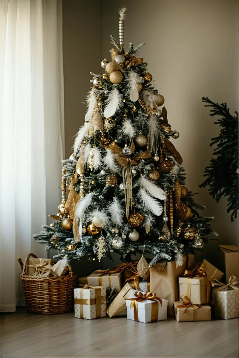 31 Trendy Christmas Decor Ideas for a Magical Home 11 boho chic tree with feathers, metallic ornaments, and woven beads 1