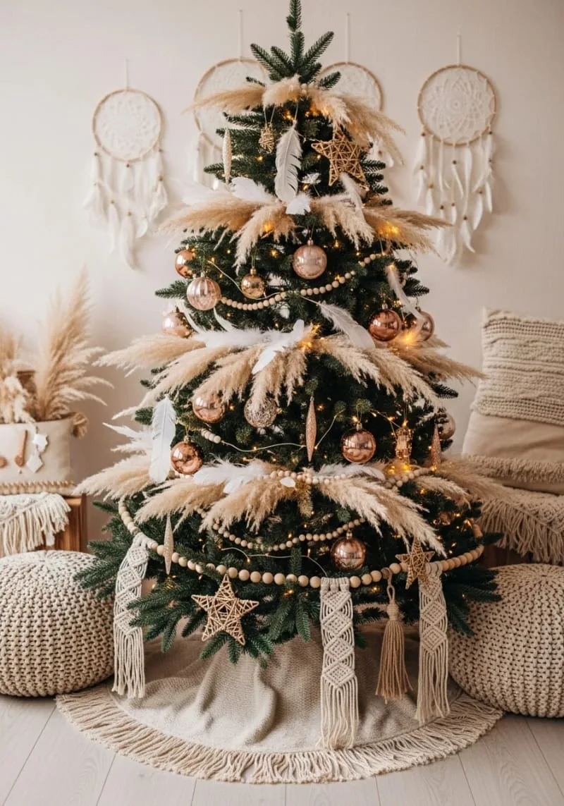 31 Trendy Christmas Decor Ideas for a Magical Home 12 boho chic tree with feathers, metallic ornaments, and woven beads 1