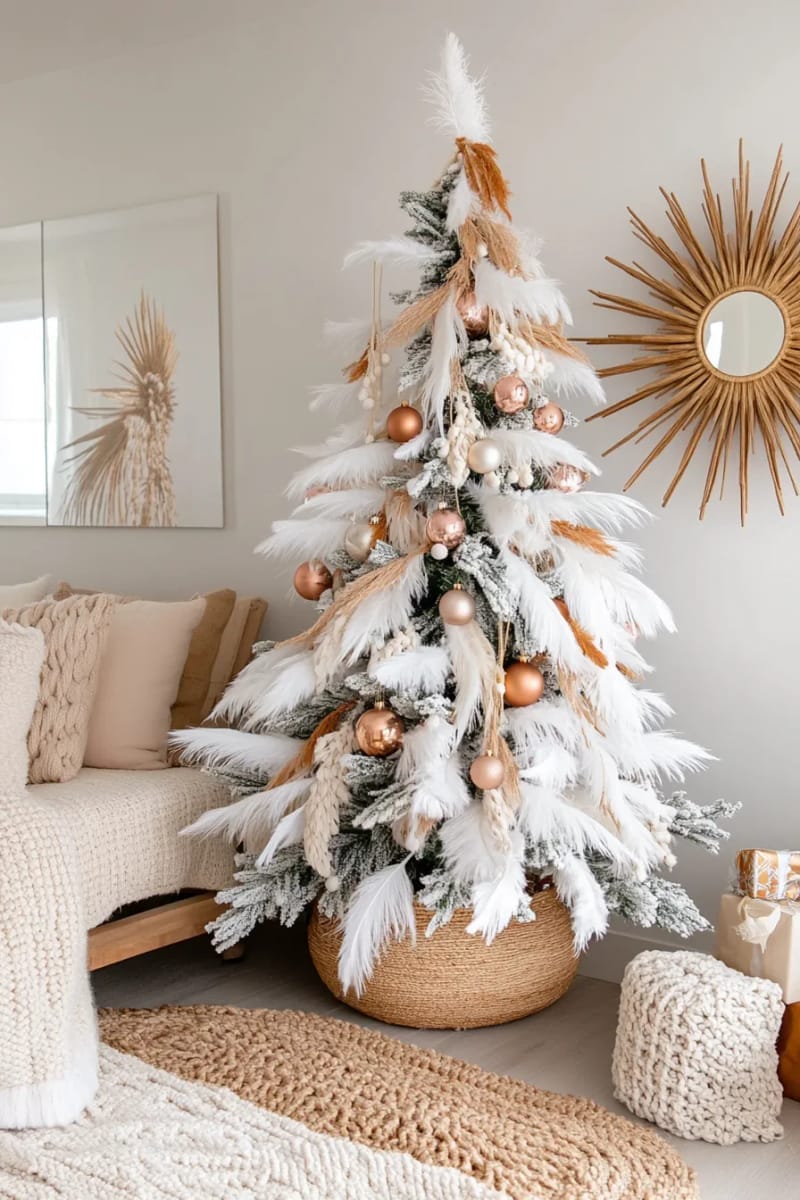 boho chic tree with feathers, metallic ornaments, and woven beads 1
