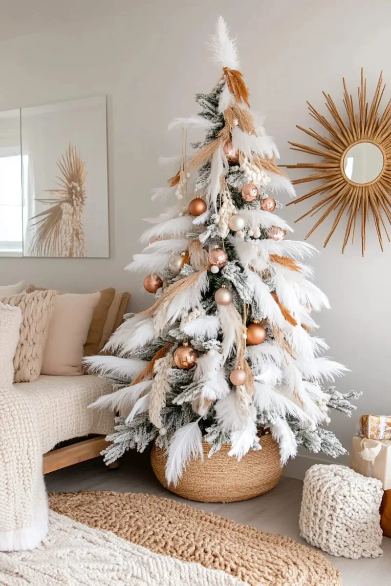 31 Trendy Christmas Decor Ideas for a Magical Home 10 boho chic tree with feathers, metallic ornaments, and woven beads 1