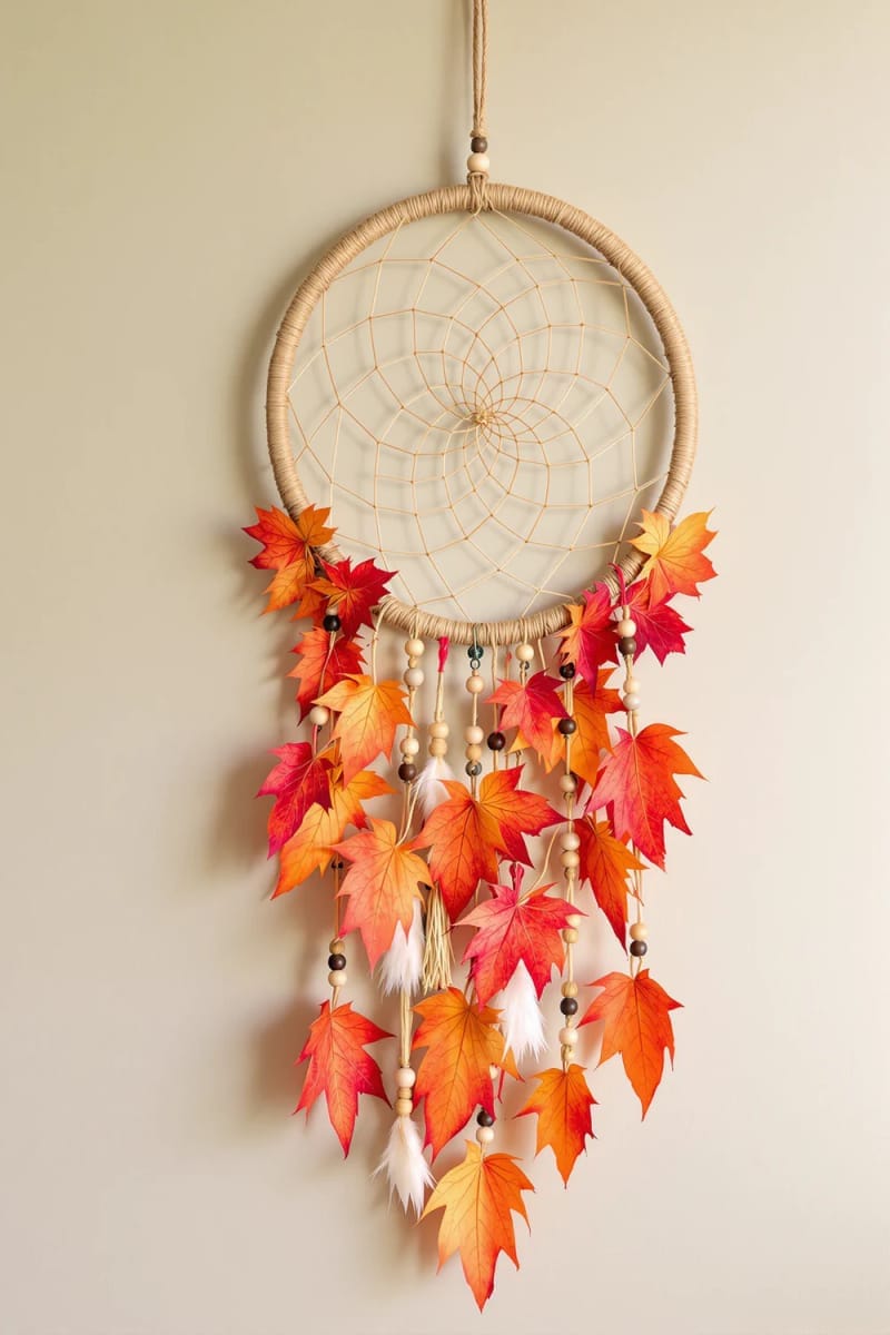 boho-inspired dreamcatcher with orange and red leaf details 1