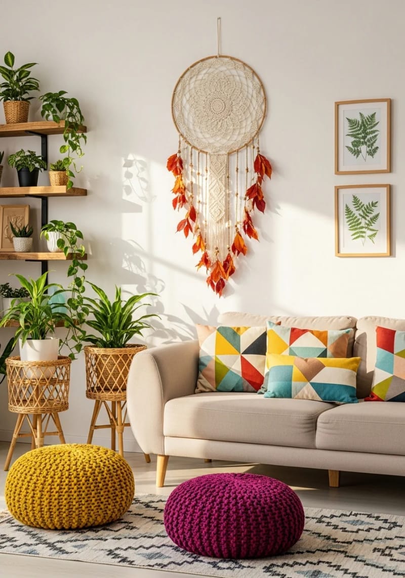 boho-inspired dreamcatcher with orange and red leaf details 1