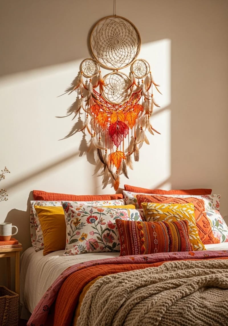 boho-inspired dreamcatcher with orange and red leaf details 1