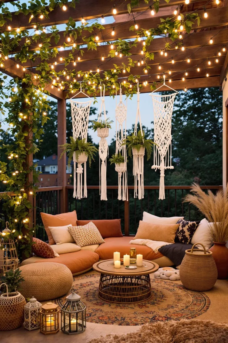 boho-inspired string light canopy with macramé details 1