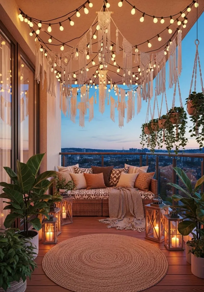 boho-inspired string light canopy with macramé details 1