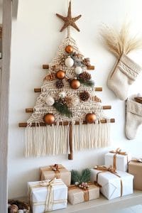 boho-inspired tree with feathers, macramé, and copper baubles 20