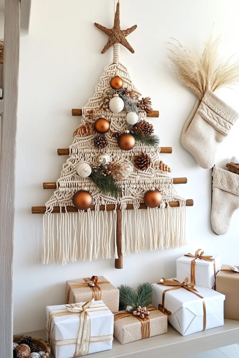 boho-inspired tree with feathers, macramé, and copper baubles 1