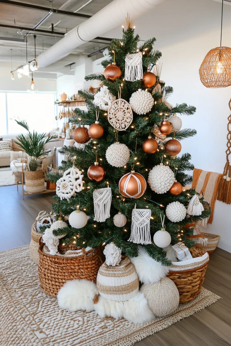 boho-inspired tree with feathers, macramé, and copper baubles 1