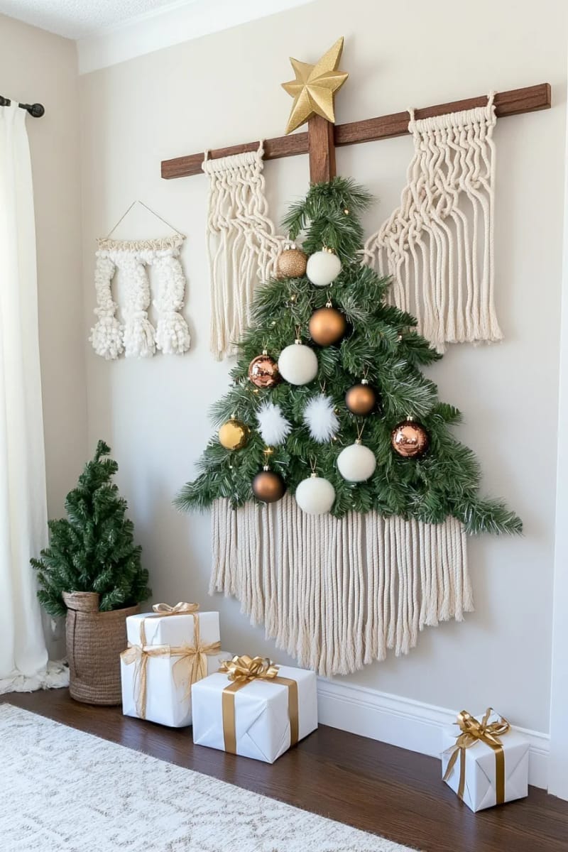 boho-inspired tree with feathers, macramé, and copper baubles 1