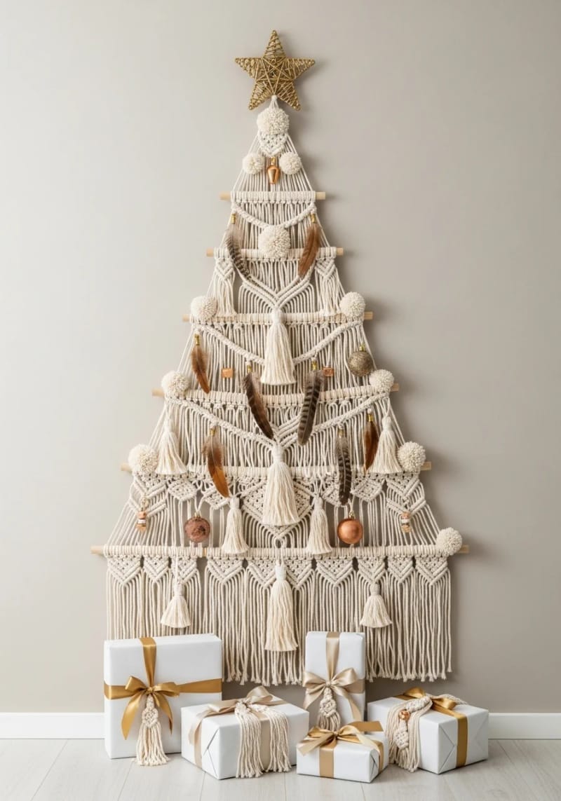 boho-inspired tree with feathers, macramé, and copper baubles 1