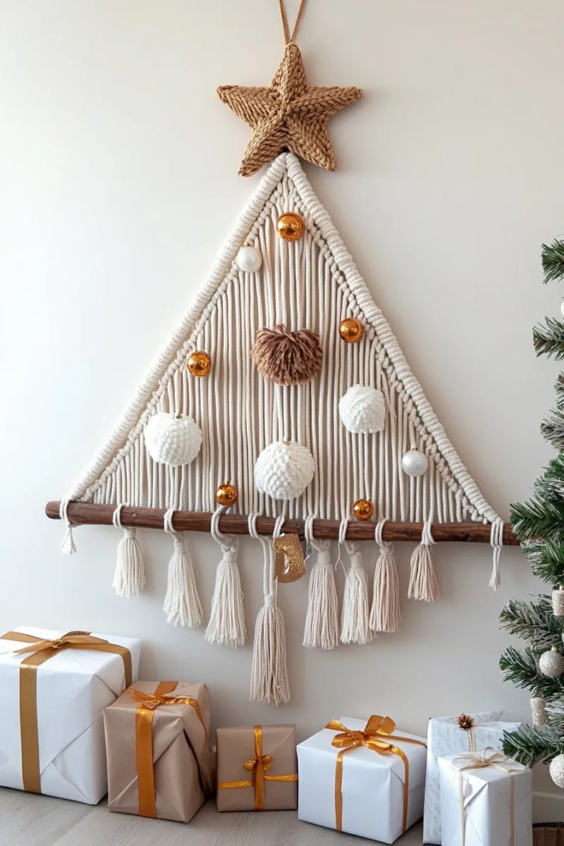 boho-inspired tree with feathers, macramé, and copper baubles 1