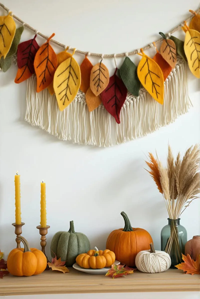 boho-inspired yarn and felt leaf garland for mantel or wall 1