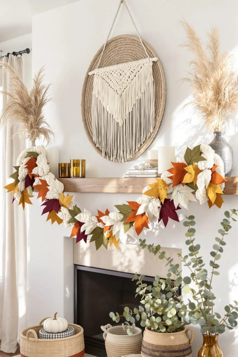 boho-inspired yarn and felt leaf garland for mantel or wall 1
