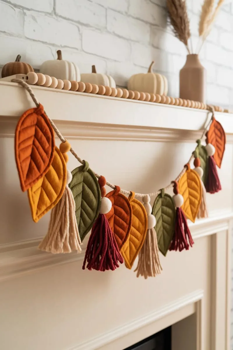boho-inspired yarn and felt leaf garland for mantel or wall 1