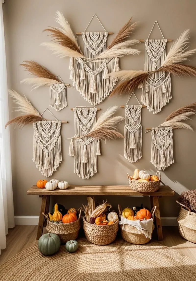boho macramé wall hangings with pampas grass sprigs 1