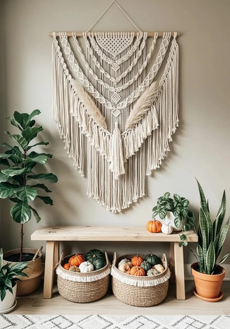 boho macramé wall hangings with pampas grass sprigs 1